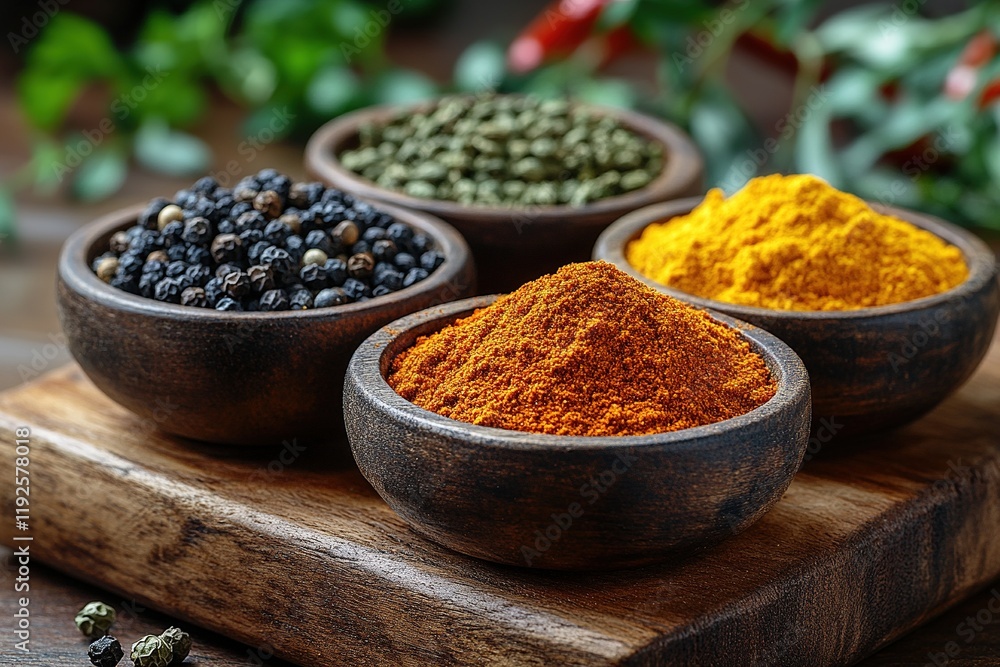 Spices in bowls on wood with herbs in background Spices in bowls on wood with herbs in background