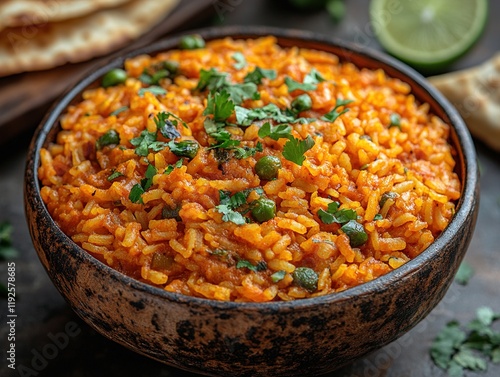 Spicy Indian rice dish with peas, herbs, lime, naan photo