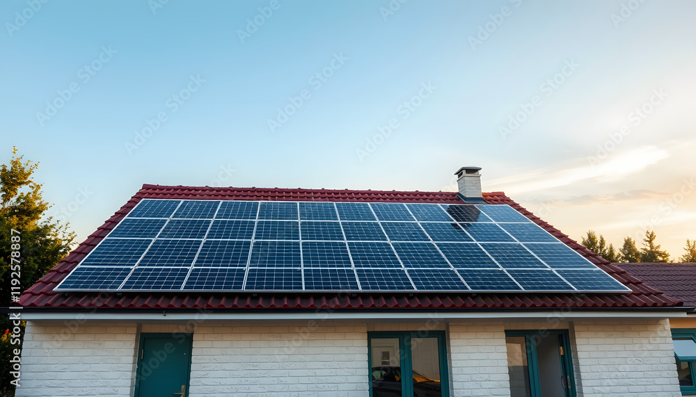 Fototapeta premium House Roof with Solar Panels, Sustainable Energy Home