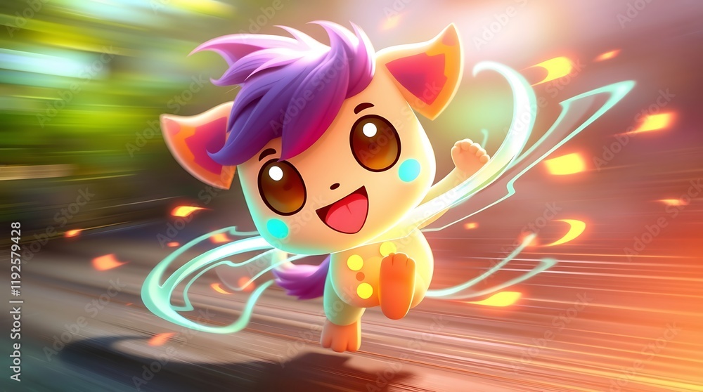 Fototapeta premium Adorable Cartoon Creature Running Fast Colorful Background