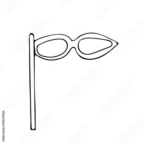 Masquerade glasses on a stick for a party. Fun party attributes in outline doodle style without fill. Monochrome black line vector element isolated on white background.