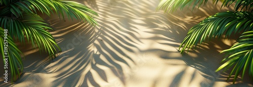 Vibrant green palm leaves casting shadows on sandy ground, creating a tranquil tropical atmosphere.