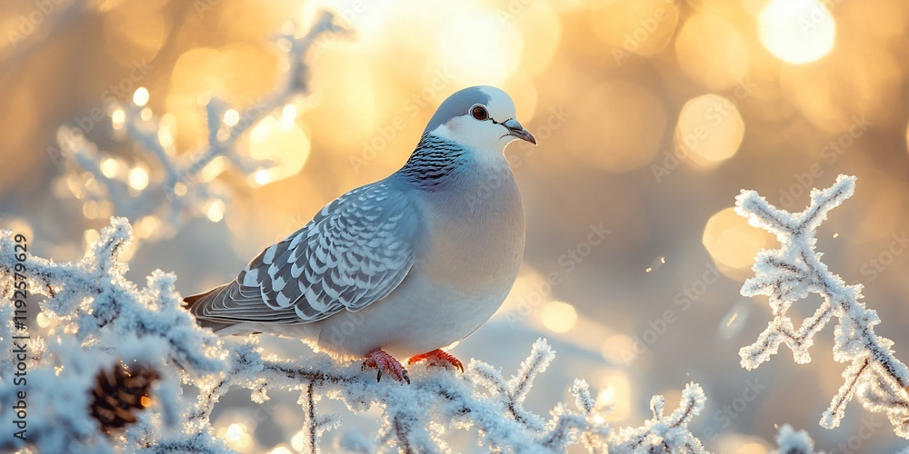 Winter bird on snowy branch, golden bokeh Winter bird on snowy branch, golden bokeh