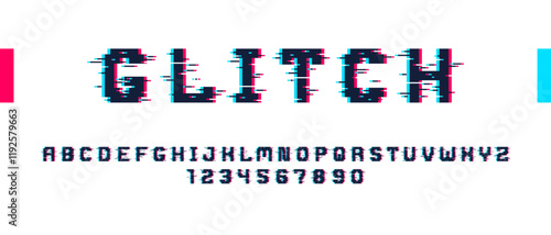 Glitch noisy geometric vector font in analog style, futuristic cyberpunk typeface with digital grunge effect, matrix typography alphabet letters and numbers.