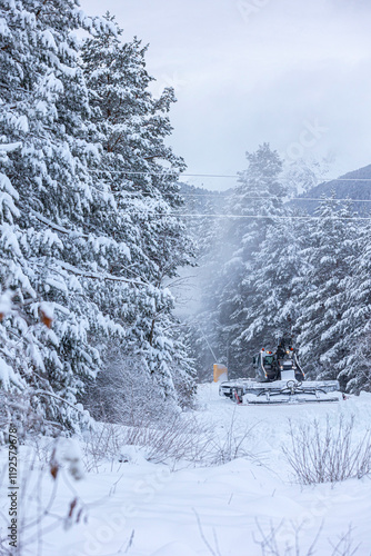 Snow groomer ratrack machine, ski slope photo