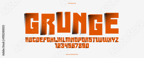 Halftone dotted futuristic cyberpunk font for logos and posters, vector brutal industrial typeface alphabet letters and numbers, urban technic future typography.