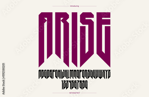 Sharp and bold tall gothic font for logo creation of for headlines, edgy geometric modern vector condensed typeface, heavy metal and hard rock style alphabet with numbers.