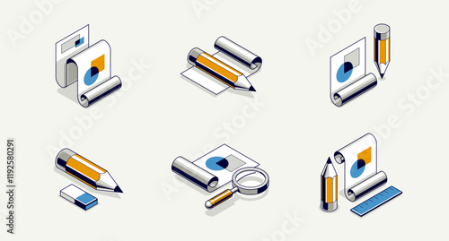 Engineering project concept set, paper document blueprint with pencil engineer work job vector 3D isometric illustration, abstract plan drawing, cad scheme icon.