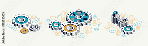 Invention renovation and development concept set, gears and cogs composition isometric 3D vector illustration, technology theme, machinery and engine creation.