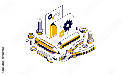 Mechanical engineering project in embodiment implementation concept, engine draft plan drawing and work progress, paper sheet with gears, tools and pencil 3D isometric vector illustration.