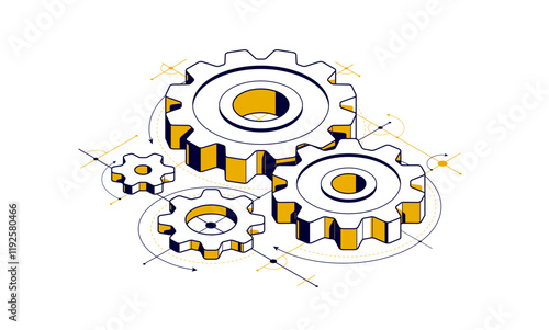 Mechanical engineering concept, gears and cogs with project drawing draft isometric 3D vector illustration, cogwheels system technology and technics machinery engine.