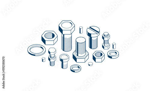 Bolts and nuts vector 3D isometric set, repair and maintenance service concept.