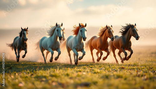 A group of Falabella miniature horses racing across a field, dreamy atmosphere, with white tones