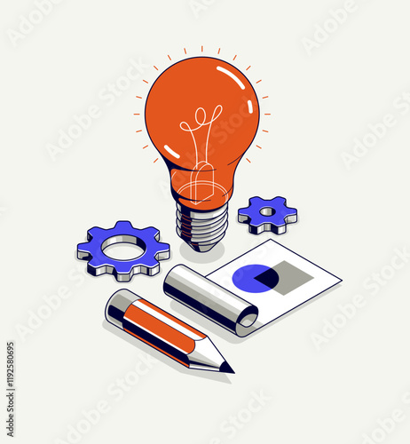 Innovation, invention and solution concept, light bulb with gear vector 3D isometric illustration or icon, technology and technics, mechanical engineering.