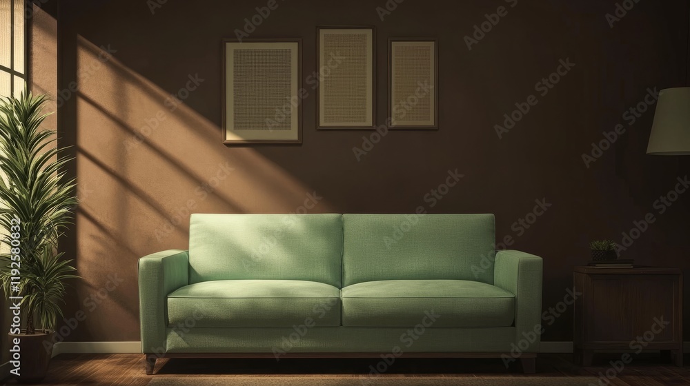 A cozy minimalistic room with a pastel mint sofa against a dark brown wall, with simple decor and natural lighting enhancing the tranquil ambiance A cozy minimalistic room with a pastel mint sofa against a dark brown wall, with simple decor and natural lighting enhancing the tranquil ambiance