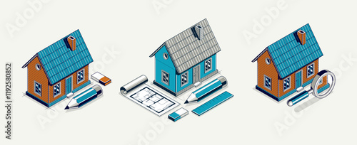 Cottage house for rest project concept set, 3D isometric vector illustration of a small house building project, countryside small house cabin in village or nature.