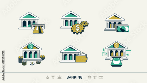 Banking vector detailed icons set, bank building and cash money, deposit and credit, online banking, personal account.
