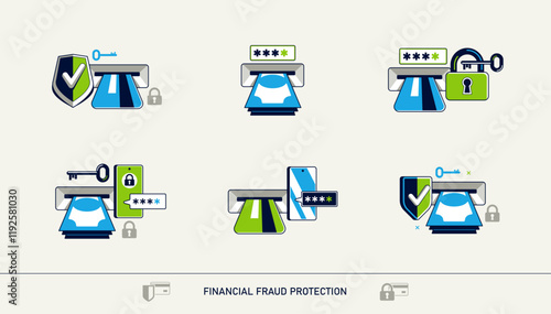 Financial fraud protection, secured cash withdrawal from ATM vector detailed icon, safe cash out from credit card.