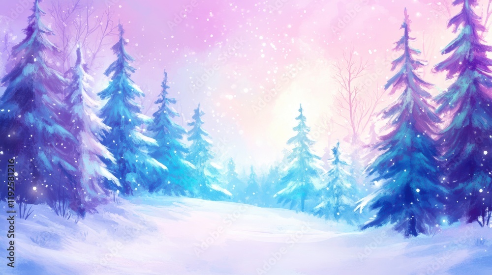 Obraz premium A serene winter landscape with snow-covered ground and vibrant evergreen trees, illuminated by a soft pastel sunrise.