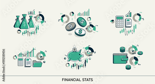 Abstract finance stats set, vector bundle of money and statistics analytics, financial charts bars and graphs, business market trade.