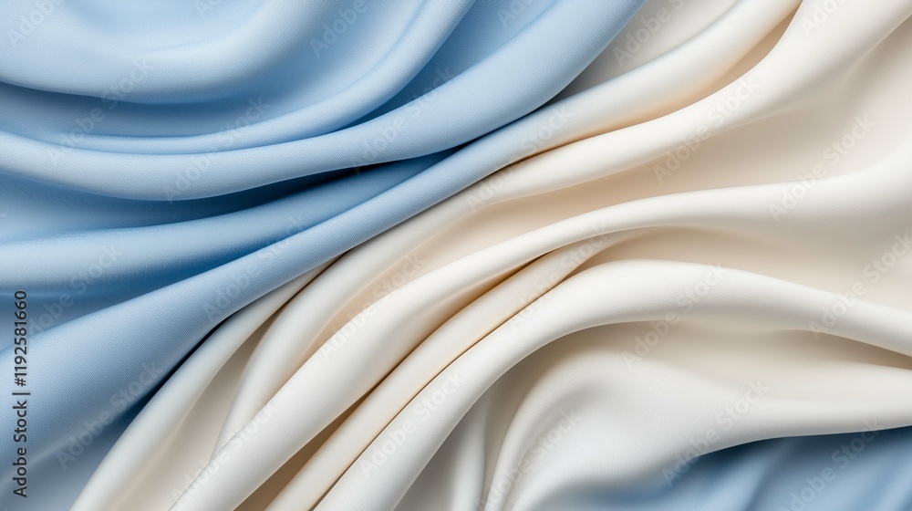 Fototapeta premium Soft fabric drapes in blue and cream colors, showcasing texture and depth in a harmonious blend.