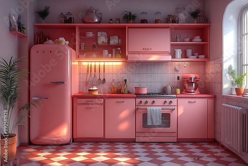 A charming vintage pink kitchen bathed in warm sunlight, a picture of domestic bliss and retro style
