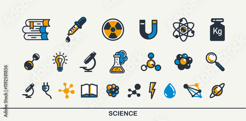 Science vector detailed icons set, physics and chemistry bundle, mathematics and geography study education.