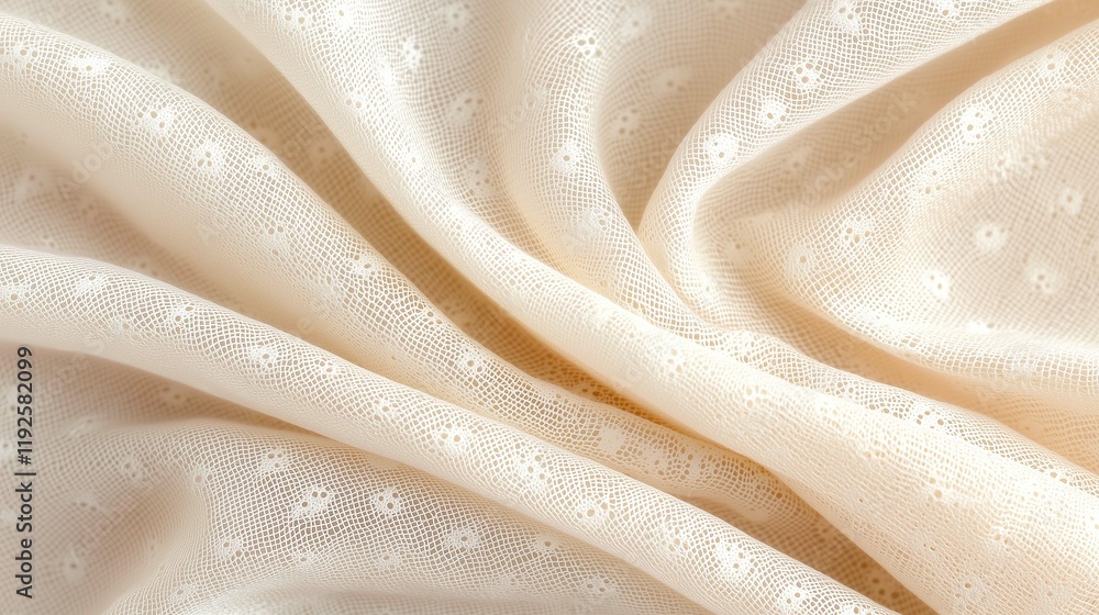 Soft cream fabric with intricate patterns, gently draped, showcasing a luxurious texture and elegant design. Soft cream fabric with intricate patterns, gently draped, showcasing a luxurious texture and elegant design.