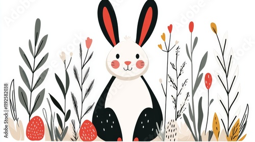 Playful illustration of black and white rabbits surrounded by vibrant floral patterns in bold colors, creating a cheerful and lively spring themed design for decorative projects photo