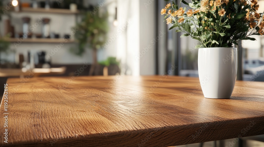 Fototapeta premium Cozy cafe scene featuring a rustic wooden table, coffee cup mockup, and a fresh flower vase for inviting ambiance and design inspiration.