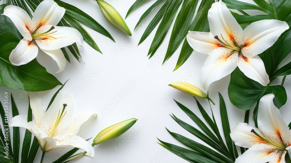 Fototapeta premium Elegant floral border with white lilies and lush tropical green leaves on a soft background for decoration and design purposes.