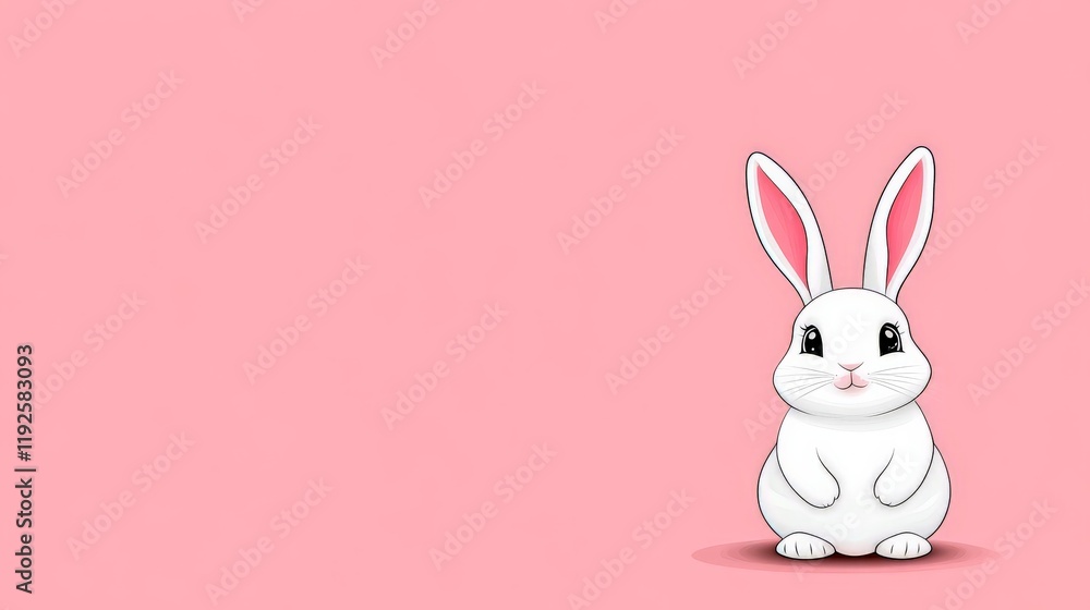 Fototapeta premium Cute white bunny sitting upright on a soft pastel pink background, emphasizing clean design and playful aesthetics for versatile Easter themed designs or holiday cards