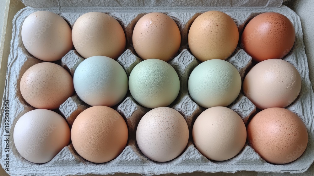 Assorted fresh eggs in a carton showcasing various colors and textures for food and culinary concepts. Assorted fresh eggs in a carton showcasing various colors and textures for food and culinary concepts.