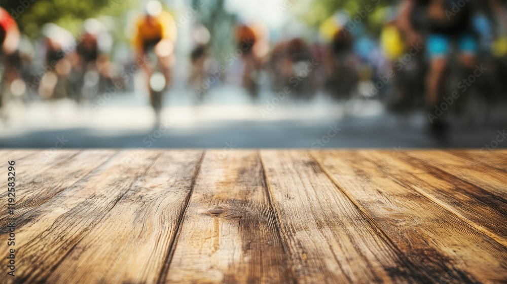 Empty wooden tabletop with blurred background depicting dynamic professional bicycle racing event in action Empty wooden tabletop with blurred background depicting dynamic professional bicycle racing event in action
