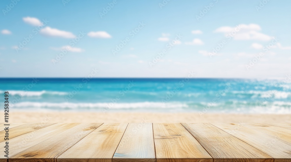Fototapeta premium Wooden Tabletop with Coastal Background Capturing Serenity and Calmness Ideal for Product Display and Promotional Use