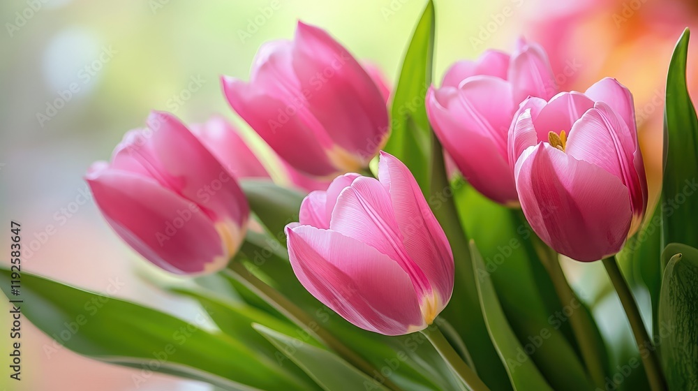 Naklejka premium Elegant spring floral arrangement featuring vibrant pink tulips surrounded by lush green leaves for fresh and uplifting decor themes
