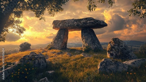 Neolithic Dolmen D40 surrounded by a picturesque landscape at sunset highlighting its historical significance and natural beauty photo