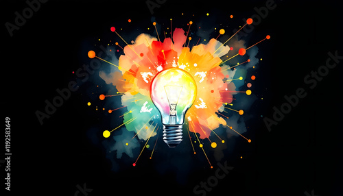 Creative energy explosion from light bulb, watercolor, with white tones