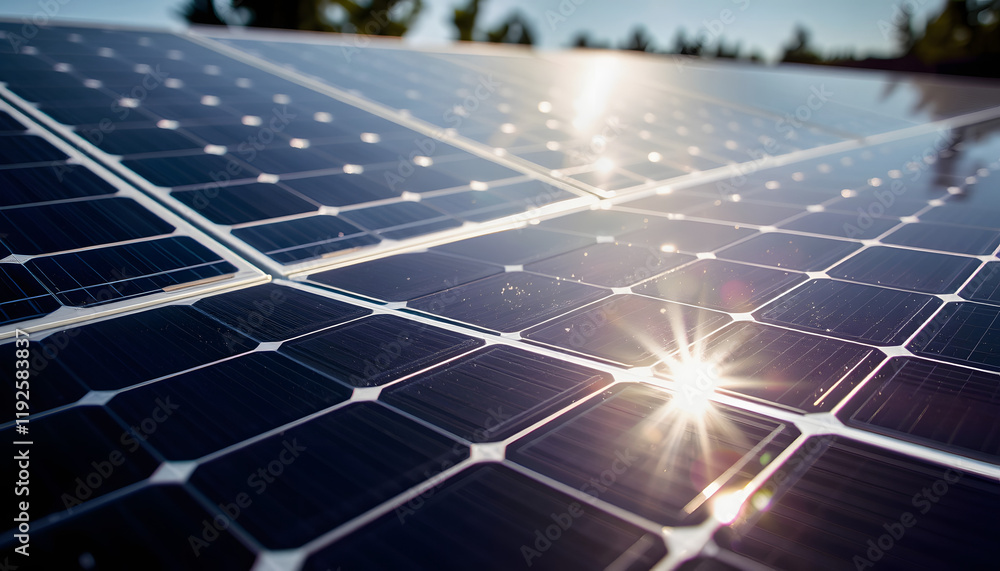 Close-up of solar panels gleaming in sunlight, colorful, with white tones Close-up of solar panels gleaming in sunlight, colorful, with white tones