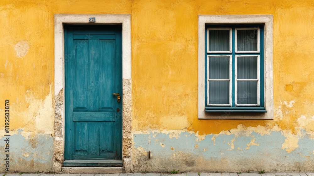 Fototapeta premium Vintage architecture showcasing an old door and window on a textured yellow wall highlighting rustic charm and historical features.