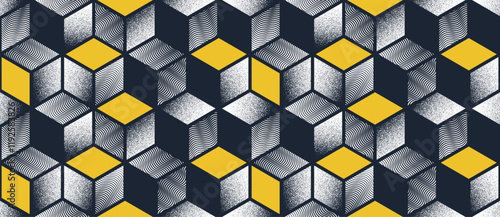 Cubes seamless pattern, vector 3D isometric blocks with textures tiling wallpaper, optical trippy endless abstract background.