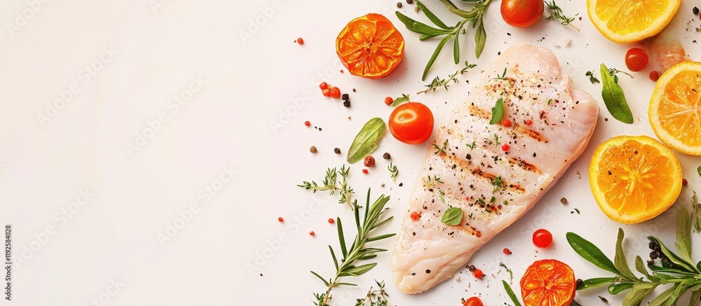 Fresh Raw Chicken Fillet Surrounded by Herbs and Citrus on Light Background Ideal for Culinary Themes and Recipe Text Fresh Raw Chicken Fillet Surrounded by Herbs and Citrus on Light Background Ideal for Culinary Themes and Recipe Text