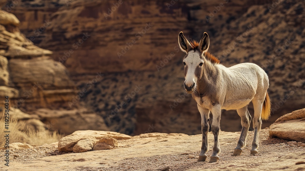 Donkey standing among sandstone canyon formations in a natural desert landscape showcasing rugged terrain and warm earth tones Donkey standing among sandstone canyon formations in a natural desert landscape showcasing rugged terrain and warm earth tones