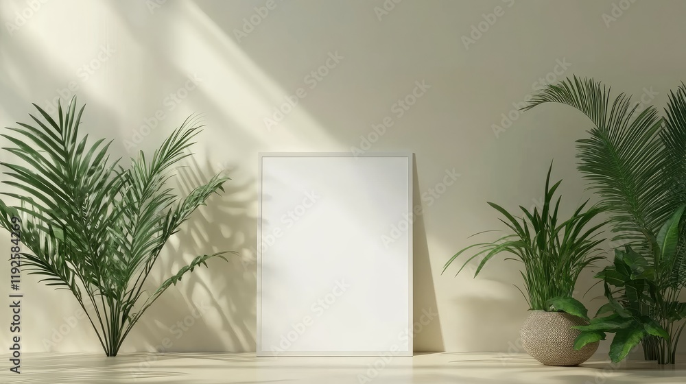 Fototapeta premium Minimalist electronic notepad mockup with blank screen in serene indoor plant setting for creative display and design purposes