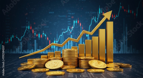 An elegant 3D graphic of a wealth-building strategy, featuring a gold graph with ascending lines, coins, and cash. 