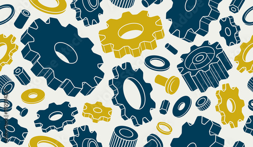 Gears and cogs seamless background, vector mechanical engineering endless wallpaper, fix and repair theme tiling pattern, elements can be used separately.