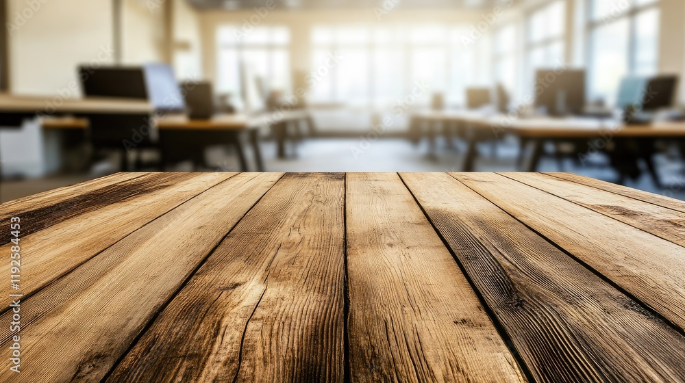 Wooden Tabletop in Modern Office Setting with Blurred Background for Creative or Business Presentations Wooden Tabletop in Modern Office Setting with Blurred Background for Creative or Business Presentations