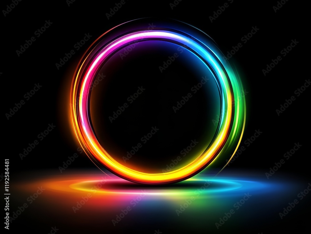 Abstract Colorful Light Ring with Glowing Neon Lights on Black Background