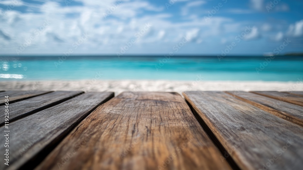 Wooden Table in Focus with Blurred Summer Beach and Tranquil Ocean View in Background Wooden Table in Focus with Blurred Summer Beach and Tranquil Ocean View in Background
