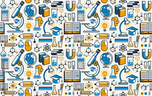 Education seamless background, vector endless pattern wallpaper with a lot of elements on study and learning theme, can be used separately like an icon.